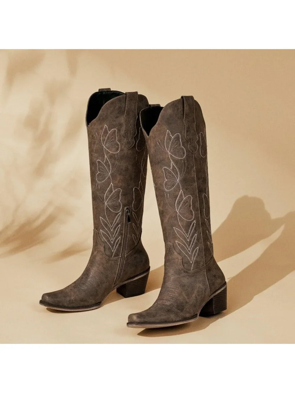 Women's Taupe Brown Butterfly Faux Leather Knee High Western Style Cowgirl Boots